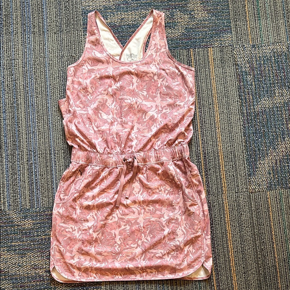 Patagonia Pink & Mauve Floral Cross Back Mini Dress w/ cord waist & pockets